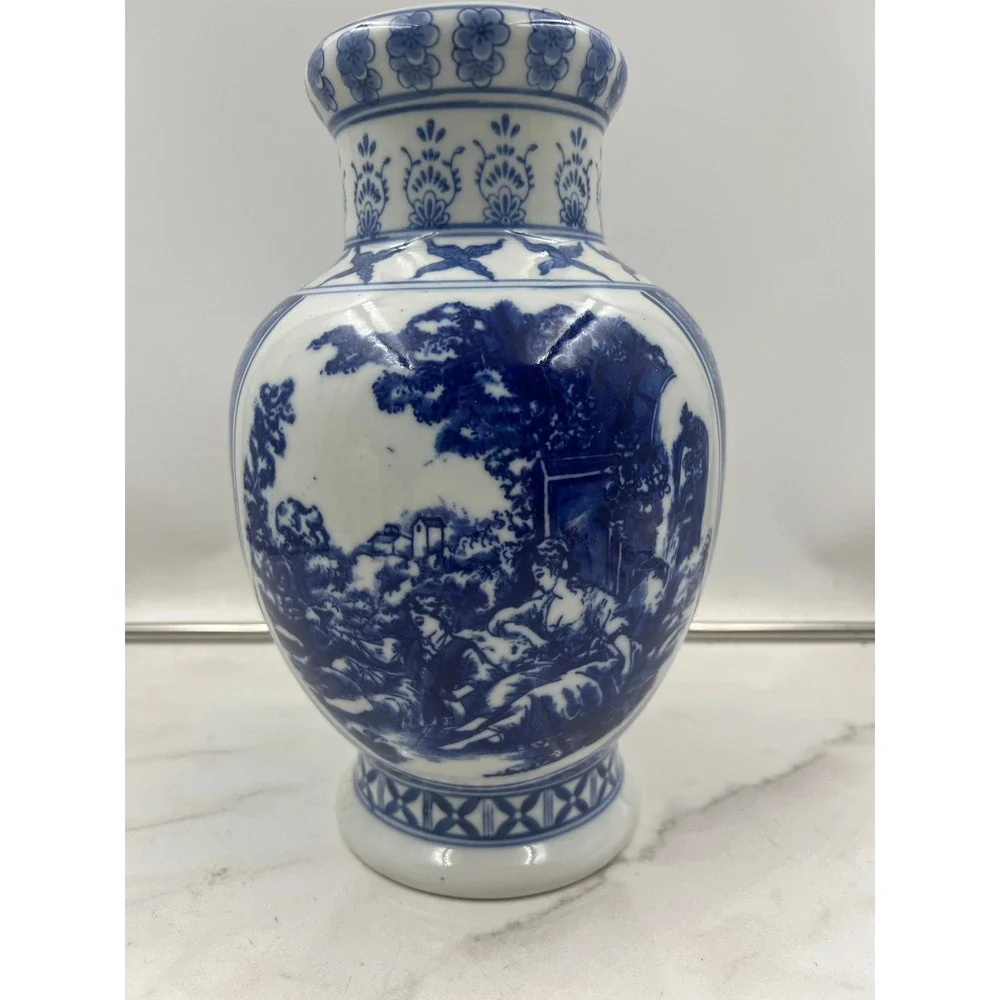Vintage Blue and White Porcelain Vase Chinoiserie Pastoral Scene Floral 11 Inch